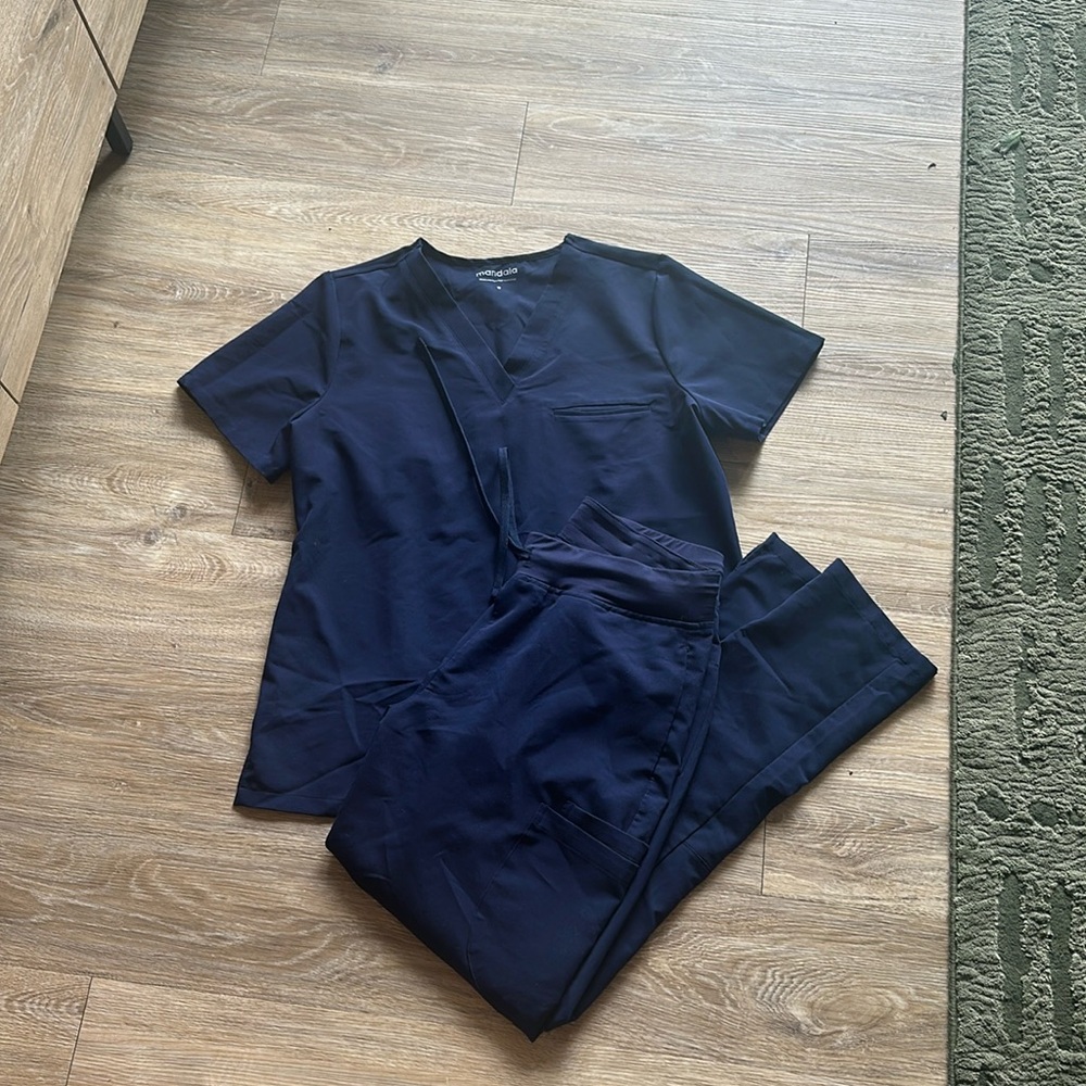 Mandala navy pocket top and 9 pocket scrub pants